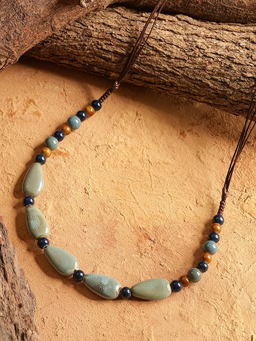 MINACHI Boho Hippie Round Ceramic Beads Strand Necklace, Vintage Bohemian Summer Beach Jewelry Gift for Women