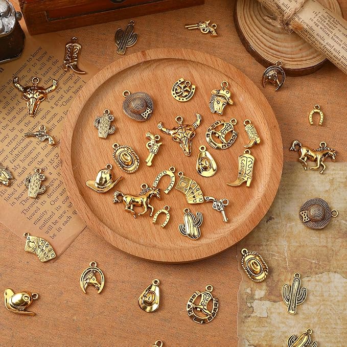 MARFOREVER 40 Pcs/20 Pairs Western Cowboy Cowgirl Charms for Jewelry Making, Antique Gold Dangle Charm Boot Hat Horse Cactus Pendants for Bracelet Necklace Earrings Making Accessories