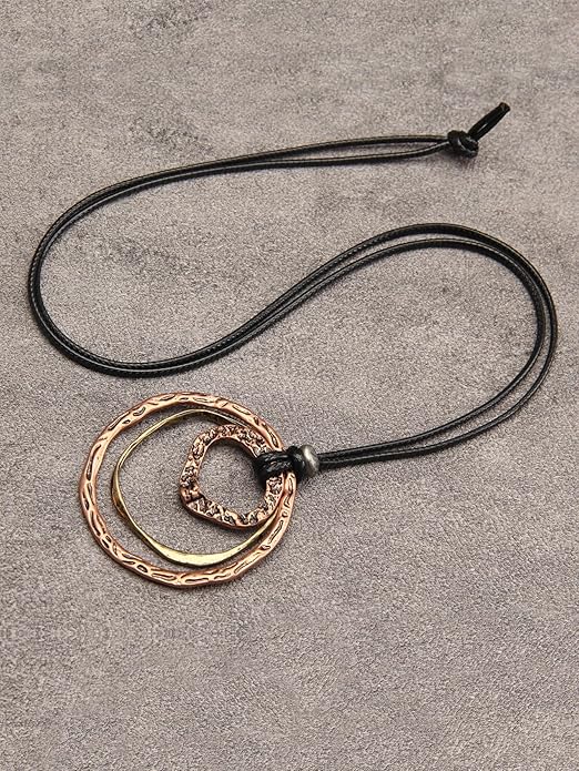 GelConnie Boho Necklaces for Women Vintage Silver Circles Long Pendant Necklace Cowgirl Sweater Necklace Adjustable Leather Choker Necklace for Women