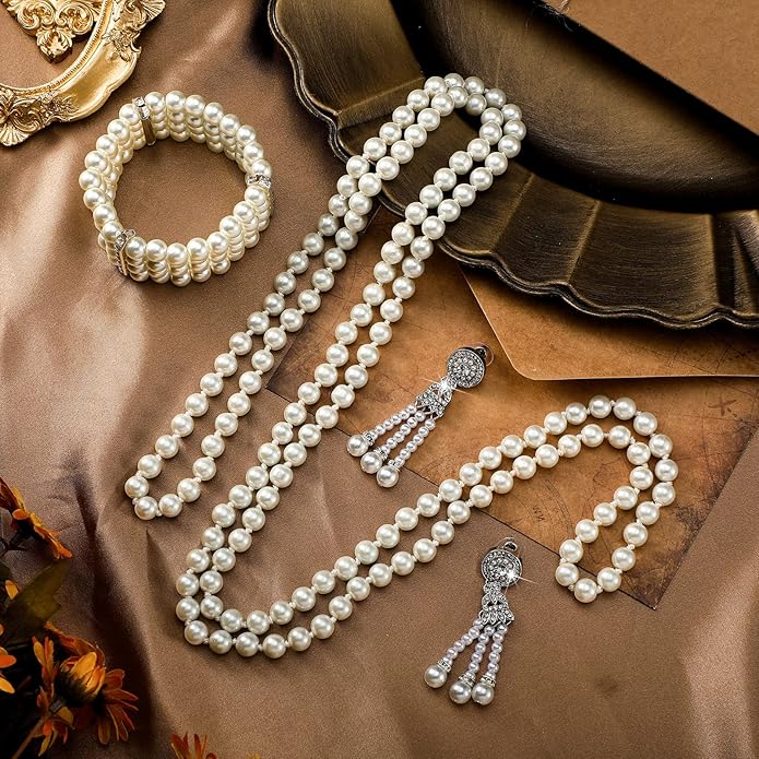 Maitys 3 Pcs 1920s Pearl Jewelry Set Includes Vintage Flapper Earrings Multilayer Imitation Pearl Necklace Bracelet for Women