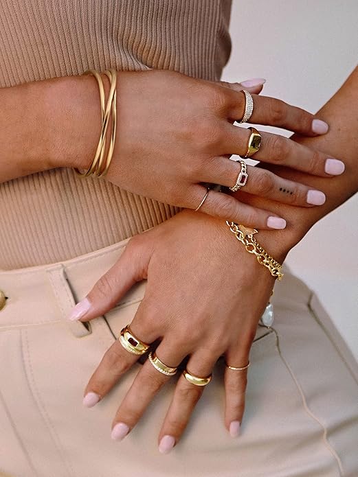 PERNNLA PEARL Dainty Gold Bar Bracelet for Women Simple Delicate Thin Cuff Bangle Hook Bracelet 18K Gold Plated Handmade Minimalist Jewelry