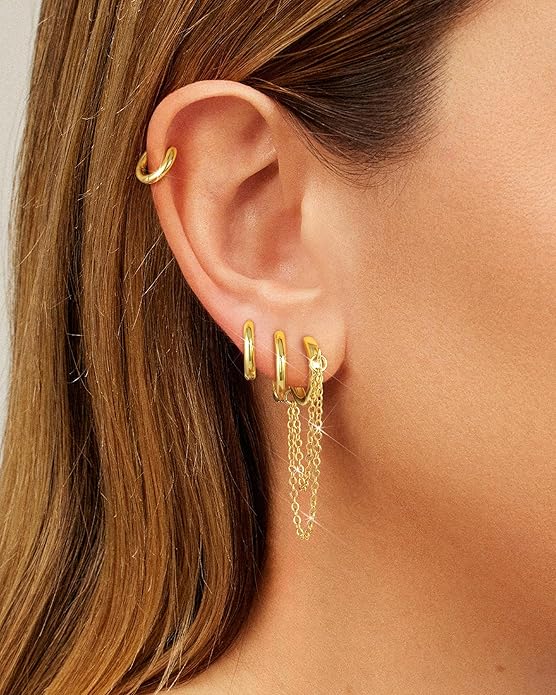Tassel Chain Small Gold Hoop Dangle Earring For Women Huggie Earring Heart Star CZ 14K Gold Plated Fashion Jewelry Friendship Gift