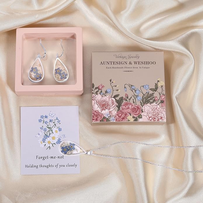 Forget-Me-Not and Queen Anne's Lace Pressed Wildflower Earrings | Pressed Flower Earrings | Handmade Drop and Dangle Earrings | Gift for Woman