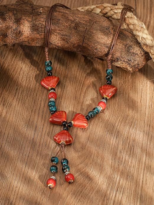 MINACHI Vintage Bohemian Ethnic Colorful Ceramic Bead Long Y Necklace, Hippie Boho Summer Fashion Jewelry Gift for Women