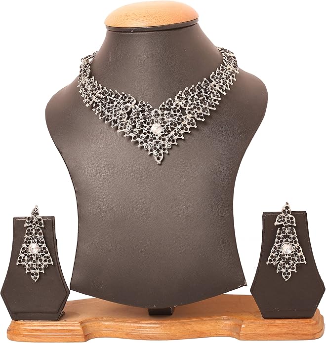 Touchstone Indian Bollywood Tinsel Town Traditional Western Taste Studded Diamond Look Rhinestones Designer Bridal Jewelry Necklace Set for Women