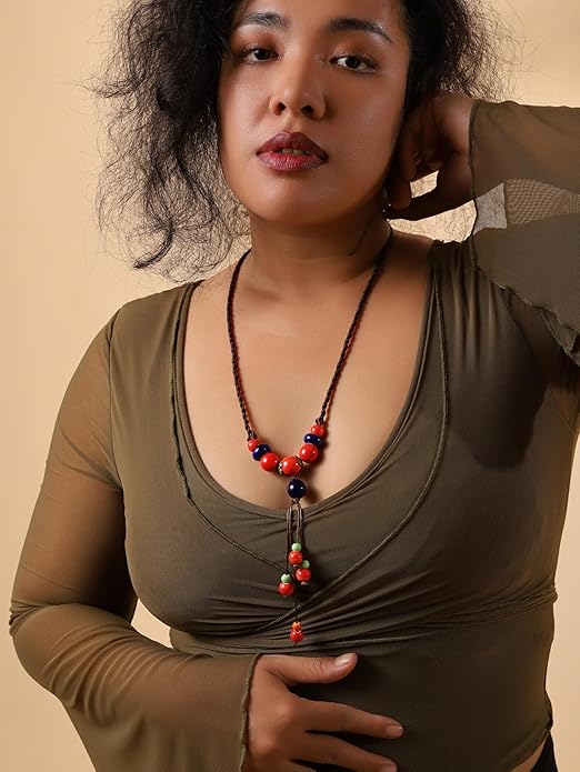 MINACHI Vintage Bohemian Ethnic Colorful Ceramic Bead Long Y Necklace, Hippie Boho Summer Fashion Jewelry Gift for Women