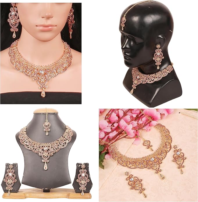 Touchstone Indian jewelry set for women bollywood gold jewellery wedding outfits necklace sets earrings bridal maang tikka fancy costume girls big desi accessories rhinestone in gold or silver tone