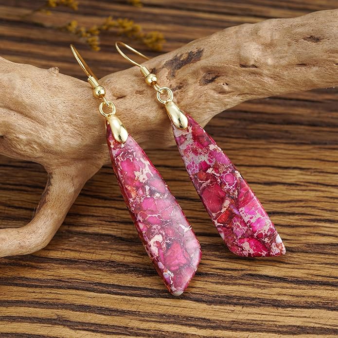 Boho Women Natural Stone Earrings Unique Healing Imperial Jasper Gemstone Energy Hypoallergenic Lightweight Dangle Drop Earrings Multiple Styles Earrings Jewelry for Birthday Party Gift