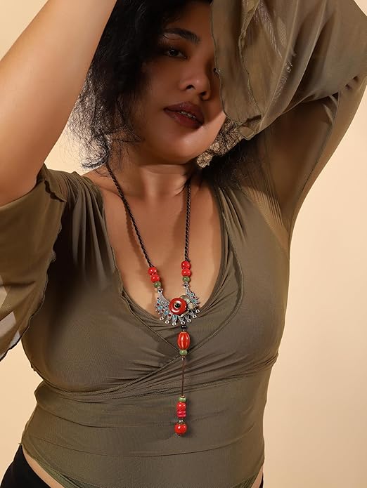 MINACHI Vintage Bohemian Colorful Ceramic Bead Antique Flower Y Necklace, Vintage Boho Hippie Statement Jewelry Gift for Women