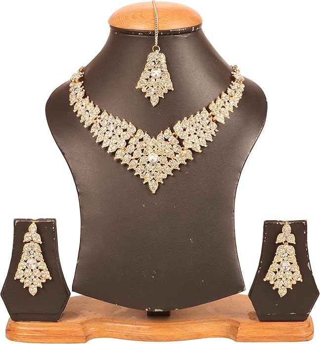 Touchstone Indian Bollywood Tinsel Town Traditional Western Taste Studded Diamond Look Rhinestones Designer Bridal Jewelry Necklace Set for Women