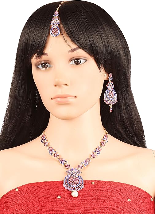 Touchstone Indian jewelry sets for women maang tikka wedding guest gold necklace bollywood jewellery set pageant elegant prom bride accessories western crystal chunky rhinestone necklaces