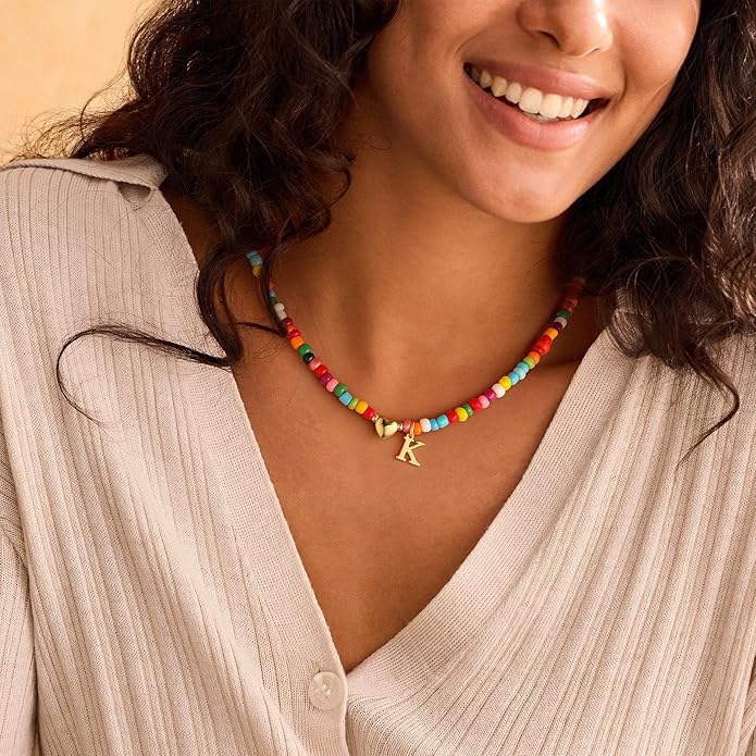 M MOOHAM Valentines Gifts for Kids Teen Girls- Colorful Beaded Initial Necklace for Women 14K Gold Plated Heart Initial Choker Necklaces for Women Girls Jewelry, Letter A-Z Pendant Birthday Gifts