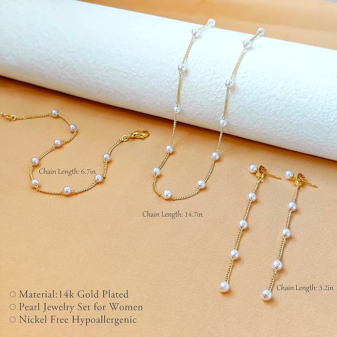 Zeffy Gold Pearl Necklace for Women, Dainty 14K Gold/Silve Plated Layered Pearl Choker Pearl Earrings Pearl Bracelets Wedding Trendy Gold Jewelry Set for Women Gifts