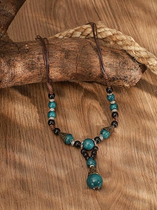 MINACHI Vintage Bohemian Ethnic Colorful Ceramic Bead Long Y Necklace, Hippie Boho Summer Fashion Jewelry Gift for Women