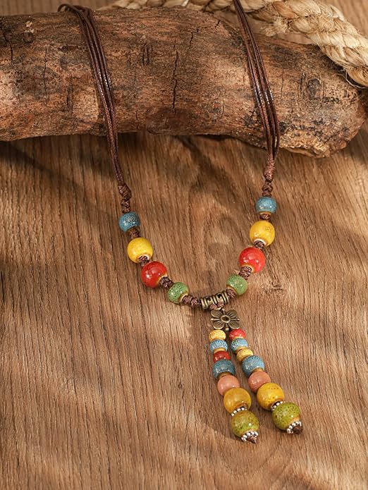 MINACHI Vintage Bohemian Colorful Ceramic Bead Antique Flower Y Necklace, Vintage Boho Hippie Statement Jewelry Gift for Women