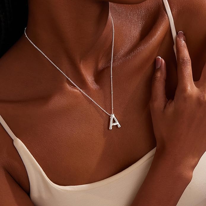 Inerney Valentines Day Gifts Gold Bubble Letter Necklace Initial Necklaces for Women, Chunky 14K Plated Balloon Initials, Trendy Charm Non Tarnish Custom Name Pendant Jewelry Gifts for Mom