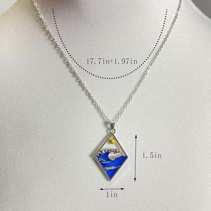 Ocean Necklace，Women's Wave Pattern Pendant Necklace ，Silver Tone Chain with Blue Enamel ，Beach Jewelry for Women,Adjustable Length Fashion Jewelry for Daily/Party Wear（18-20 inch）
