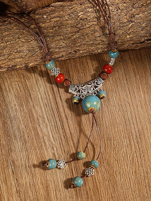 MINACHI Vintage Bohemian Ethnic Colorful Ceramic Bead Long Y Necklace, Hippie Boho Summer Fashion Jewelry Gift for Women