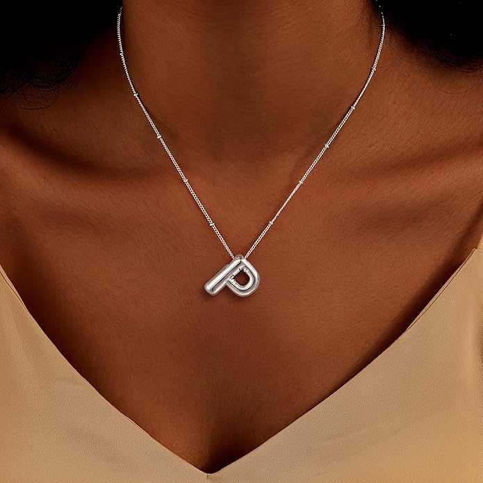 Inerney Valentines Day Gifts Gold Bubble Letter Necklace Initial Necklaces for Women, Chunky 14K Plated Balloon Initials, Trendy Charm Non Tarnish Custom Name Pendant Jewelry Gifts for Mom