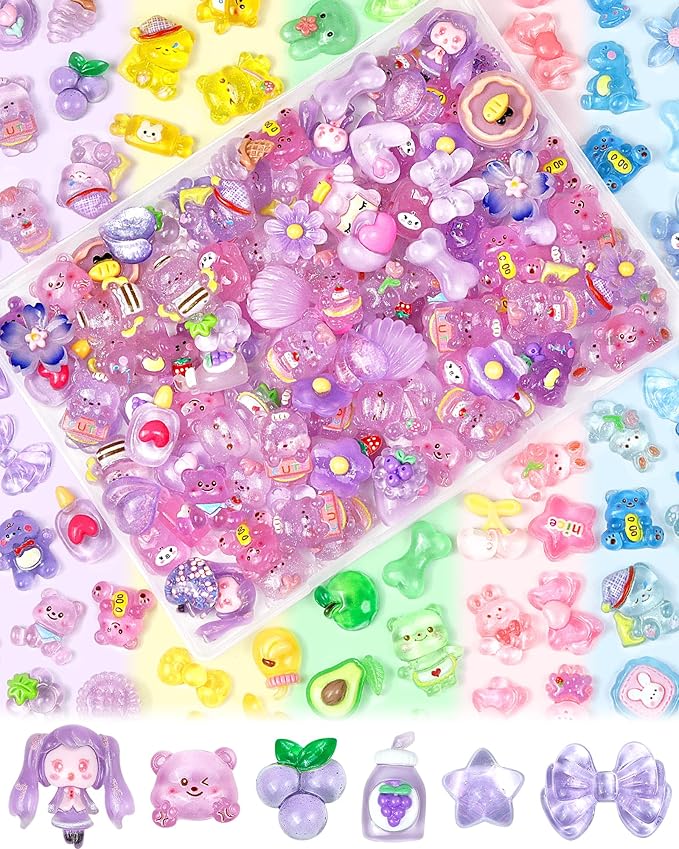 100PCS FIVEIZERO Cute Slime Charms Bulk Set – Kawaii Flatback Resin Charms for Crafts, Mini Decoden Acrylic Embellishments for Phone Junk Cases, Scrapbooking & DIY Decoration (Purple)