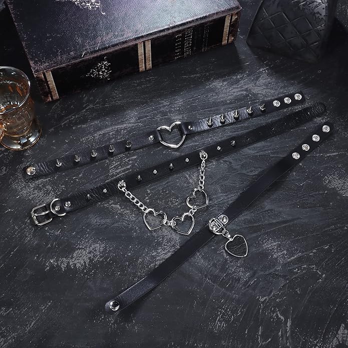 HAIAISO 6-9pcs Leather Punk Goth Choker Necklace with Love Heart Spikes, Adjustable Pu Collar for Women