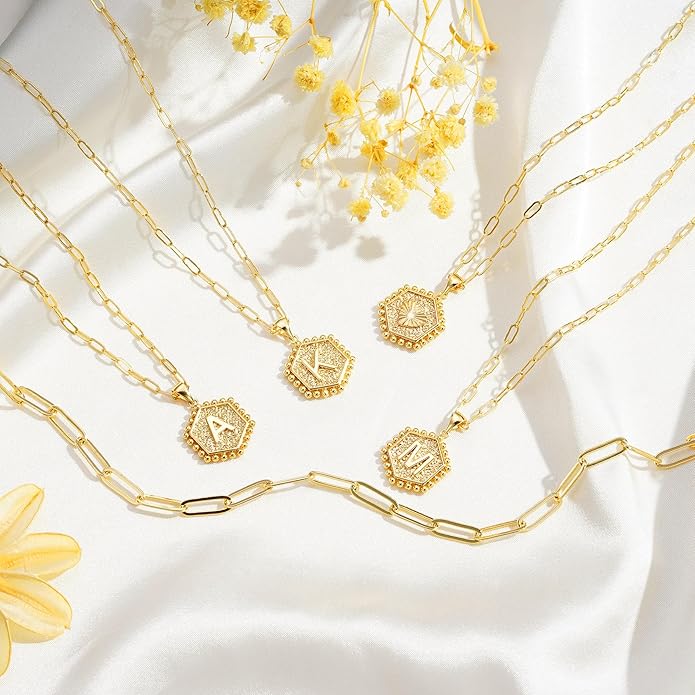 M MOOHAM Valentines Gifts for Women Teen Girls, 14K-Gold-Plated Initial Necklaces for Women Cute Hexagon Letter Initial Necklace Layered Necklaces for Womens Teen Girl Valentines Jewelry Gifts