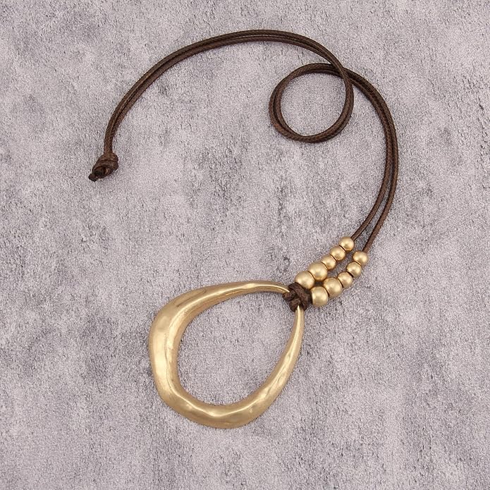 Boho Leather Necklace Women Bohemian Brown Circle Pendant Necklace Choker Long Necklaces for Women Boho Ring Large Pendant