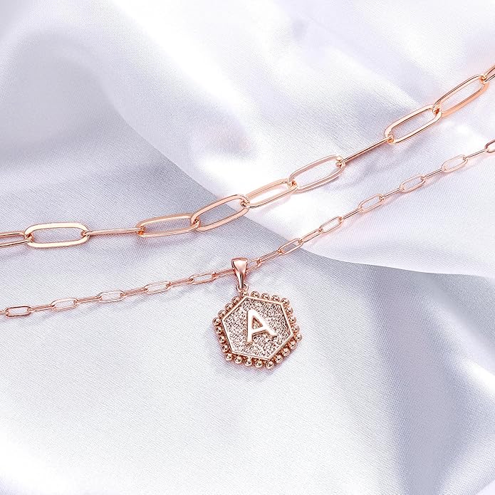 M MOOHAM Valentines Gifts for Women Teen Girls, 14K-Gold-Plated Initial Necklaces for Women Cute Hexagon Letter Initial Necklace Layered Necklaces for Womens Teen Girl Valentines Jewelry Gifts