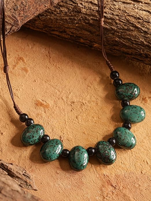 MINACHI Bohemian Hippie Colorful Ceramic Geometric Bead Strand Necklace, Vintage Boho Statement Jewelry Gift for Women