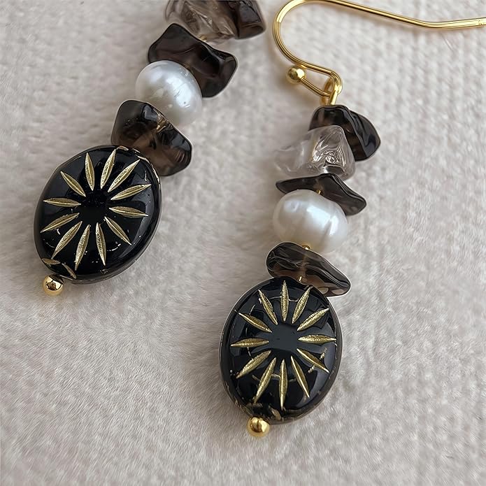 Hupplle Handmade Vintage Boho Dangle Earrings with Natural Stone Crystal Pearl Lightweight Hypoallergenic Elegant Jewelry Gifts for Women