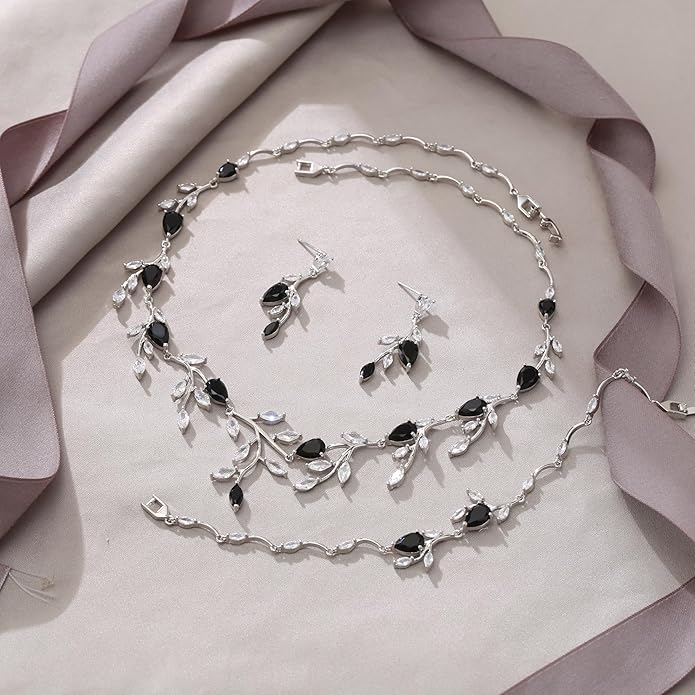 EVER FAITH Wedding Jewelry for Bride Women Bridesmaid, Sparkly Cubic Zirconia Pear-Shaped Birthstone Leaf Necklace Earrings Set for Prom