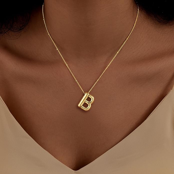 Inerney Valentines Day Gifts Gold Bubble Letter Necklace Initial Necklaces for Women, Chunky 14K Plated Balloon Initials, Trendy Charm Non Tarnish Custom Name Pendant Jewelry Gifts for Mom