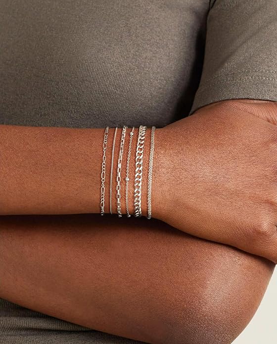DEARMAY Dainty Silver Plated Bracelets for Women Trendy, Silver Jewelry Set for Women Bracelets for Women Paperclip Box Herringbone Figaro Rope Chain Bracelet Fashion Pack Gifts for Women