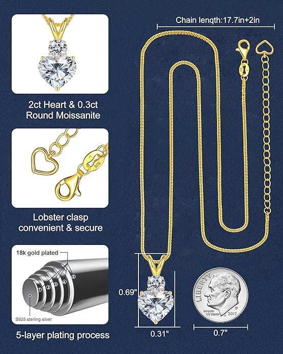 Forever Love Heart Pendant Necklaces for Women, 2-5 Carat Heartshape Moissanite Sterling Silver Pendant Jewelry, Ideal Anniversary Present or Birthday Gifts for Wife Her Girlfriend Mom Daughter