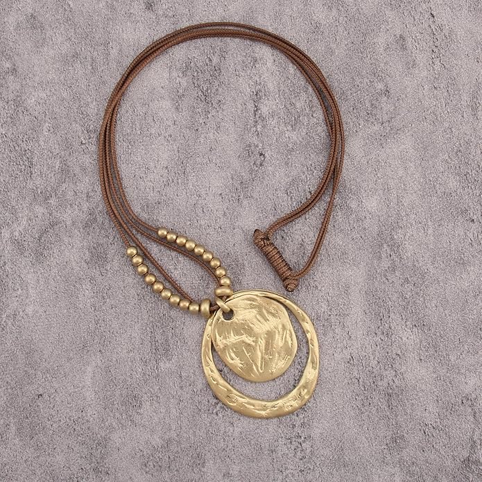 Boho Leather Necklace Women Bohemian Brown Circle Pendant Necklace Choker Long Necklaces for Women Boho Ring Large Pendant