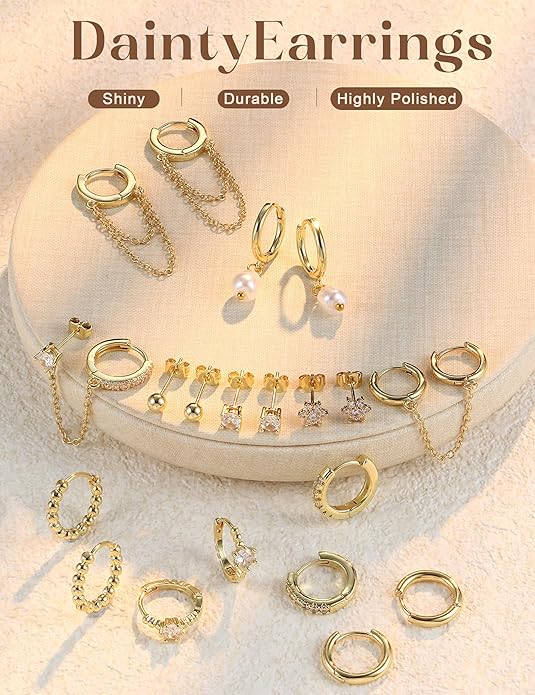 HAIAISO Small 14K Gold Plated Huggie Hoop Earrings for Women Lightweight Double Piercing Chain Earrings Dainty Stud Earrings Hypoallergenic 14K Gold Plated Hoop Earrings Set