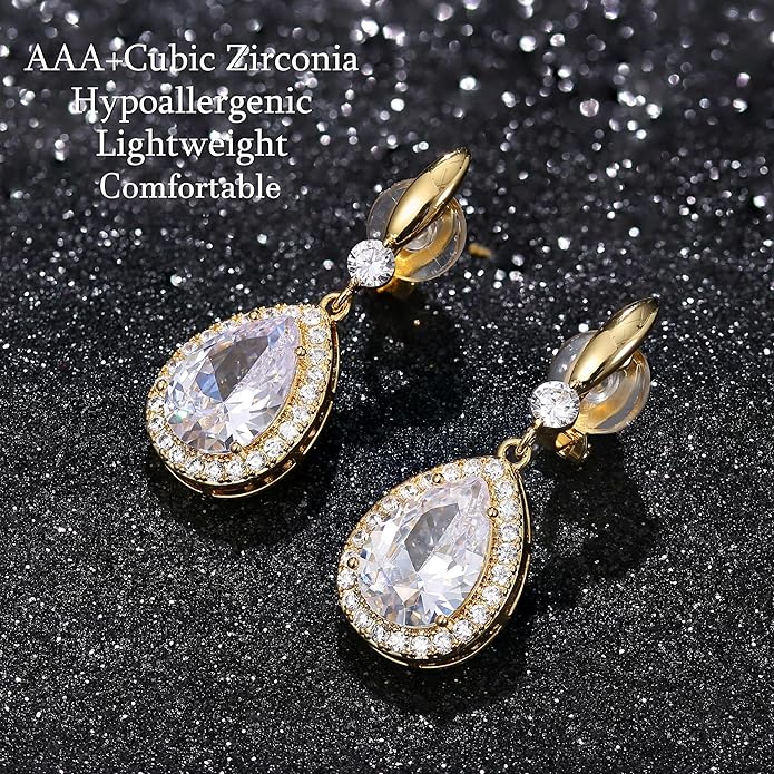 THUNARAZ Elegant Clip on Earrings for Women Sparkling Teardrop Dangle Clip Earrings Non-Pierced Rhinestone Cubic Zirconia Wedding Prom Jewelry 14K Gold and Silver Tone