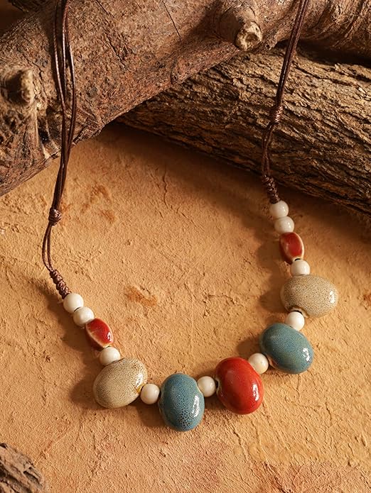 MINACHI Bohemian Hippie Colorful Ceramic Geometric Bead Strand Necklace, Vintage Boho Statement Jewelry Gift for Women