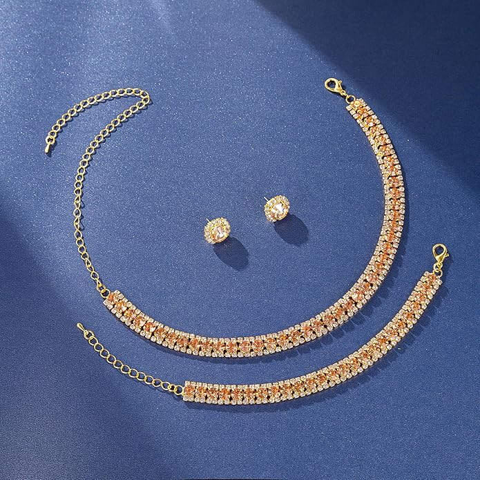 Women Rhinestone Crystal Jewelry Set Crystal Tennis Design Rhinestone Choker Necklace Link Bracelet Teardrop Earrings Set Wedding Bridal Bridesmaids Party