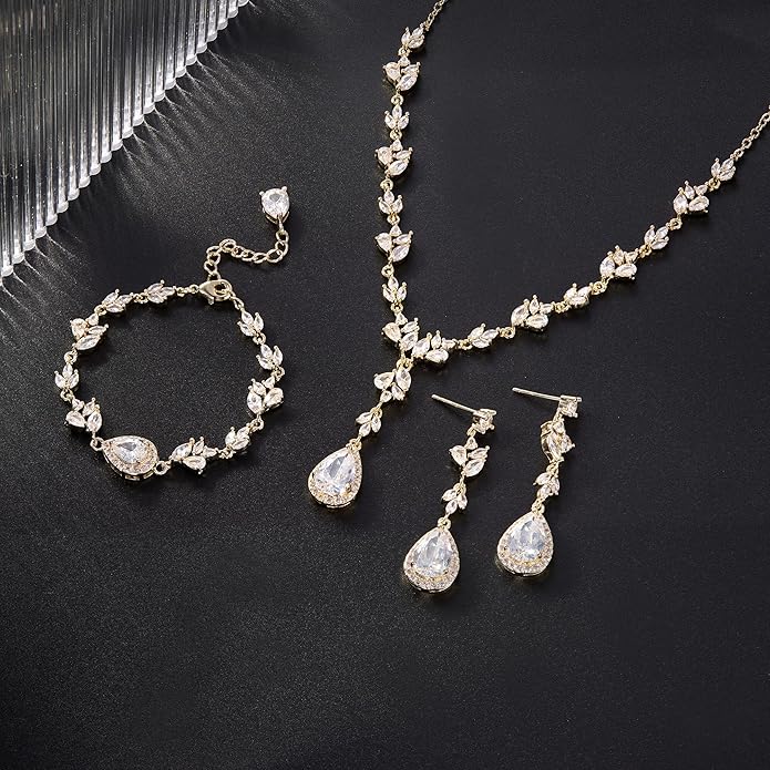 Crysdue Teardrop Bridal Jewelry Set for Wedding Party, Silver/14K/Rose Gold Plated Prom Costume Jewellery for Bride Bridesmaids Women, Cubic Zirconia Necklace Dangle Earrings Bracelet