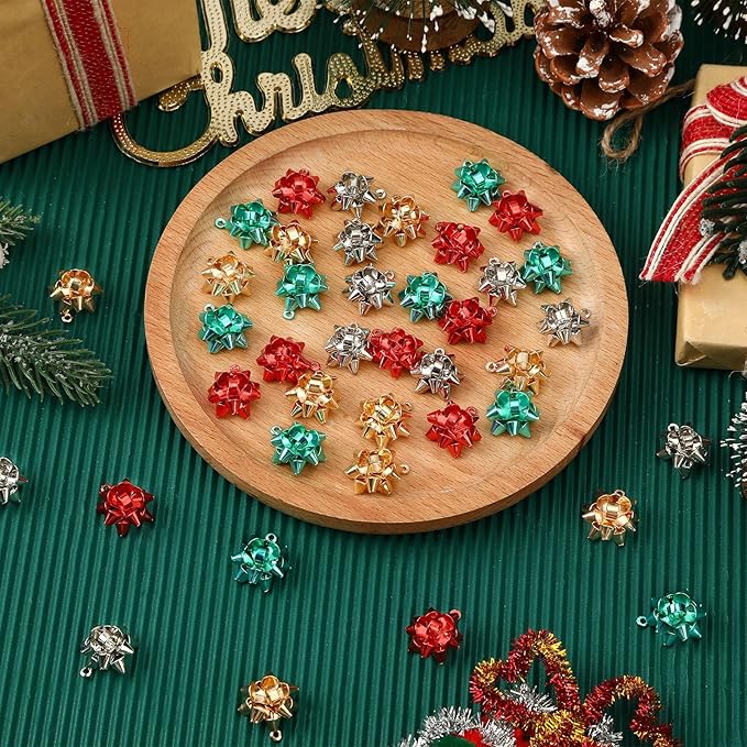 MARFOREVER 40 Pcs/20 Pairs Christmas Charms for Jewelry Making, Christmas Bow Charms Red Green Gold, Silver Mini Gift Bow Charm Holiday Xmas Bangle Pendants for Bracelet Necklace Earrings Making
