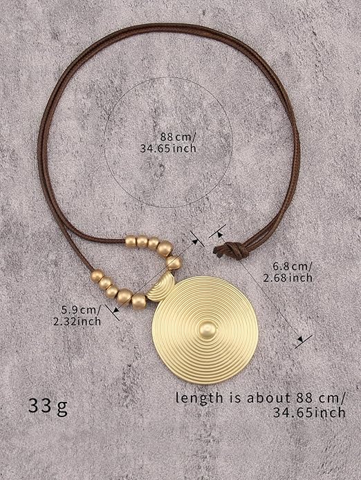 Boho Leather Necklace Women Bohemian Brown Circle Pendant Necklace Choker Long Necklaces for Women Boho Ring Large Pendant