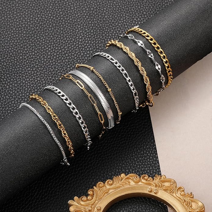 Silver and Gold Bracelets for Women Non Tarnish Waterproof Gold bracelet stack set, Adjustable 6.5"+2" Extender, Layered Bracelets for Women，Exquisite Jewelry Gift
