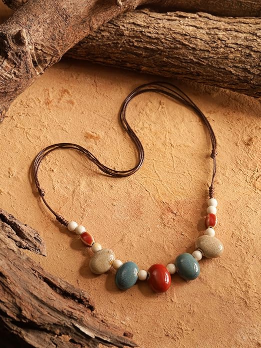 MINACHI Bohemian Hippie Colorful Ceramic Geometric Bead Strand Necklace, Vintage Boho Statement Jewelry Gift for Women
