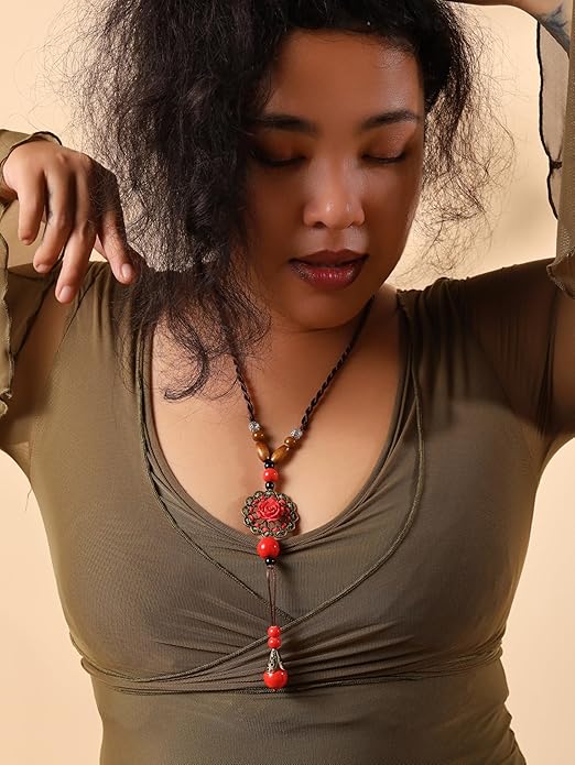 MINACHI Vintage Bohemian Colorful Ceramic Bead Antique Flower Y Necklace, Vintage Boho Hippie Statement Jewelry Gift for Women