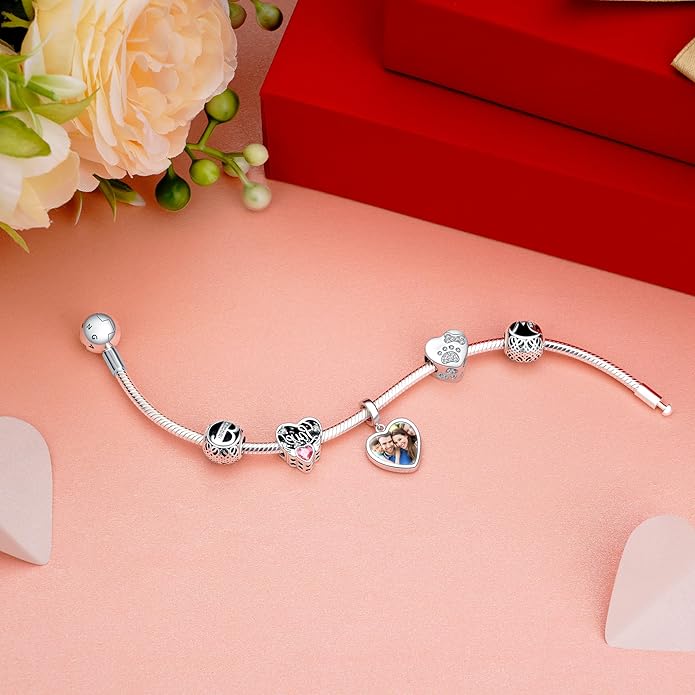 Annmors Personalized Photo Charm for Bracelet Necklaces,925 Sterling Silver Charm Love Heart Shaped Engraved Customize Picture Gift for Birthday Mother's Day Christmas,Bead Charms Jewelry for Women