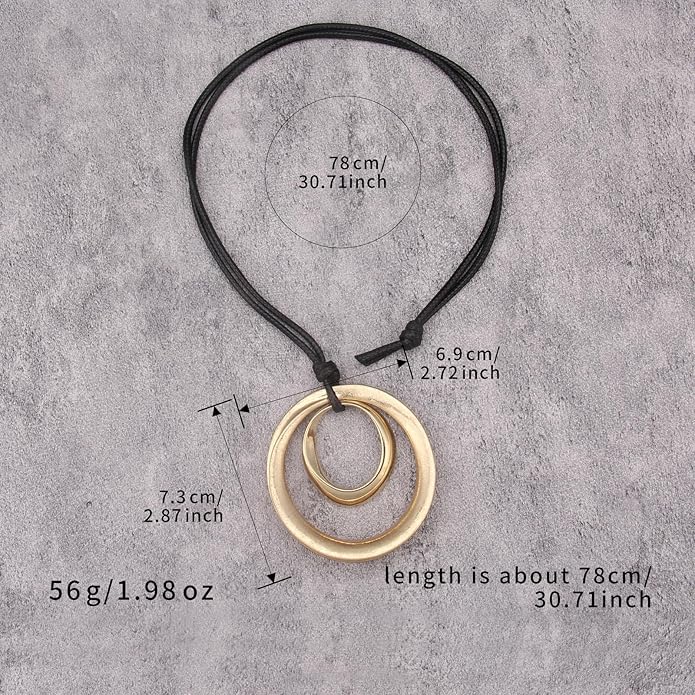 Boho Leather Necklace Women Bohemian Brown Circle Pendant Necklace Choker Long Necklaces for Women Boho Ring Large Pendant