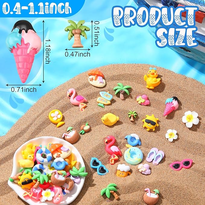 Giegxin 40 Pcs Summer Resin Charm Hawaii Beach Coconut Flamingo Plumeria Flower Flatback Cabochon Accessories Cute Embellishments Bulk for Jewelry Cellphone Case Scrapbooking Headband DIY Craft Making