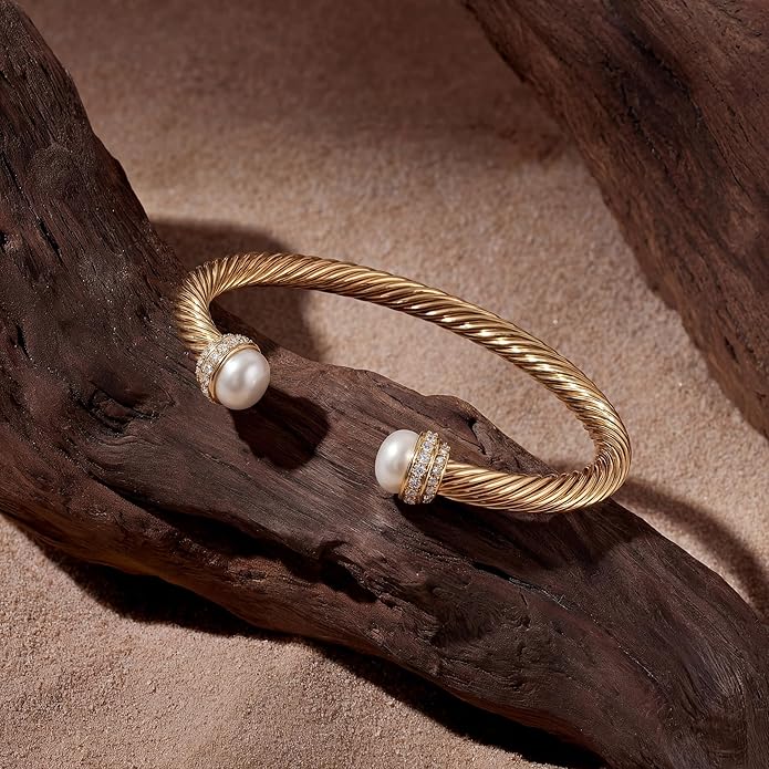 Fettero Gold Cuff Bangle Bracelets for Women - 14K Gold Plated Adjustable Open Cuff Friendship Bracelets Elegant Twisted Cable Bangle Bracelet Lightweight Pearl Bracelet for Dainty Jewelry
