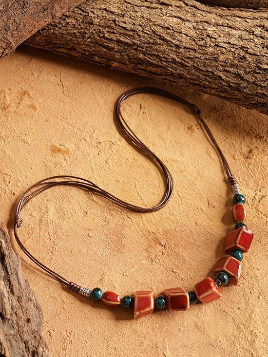 MINACHI Bohemian Hippie Colorful Ceramic Geometric Bead Strand Necklace, Vintage Boho Statement Jewelry Gift for Women